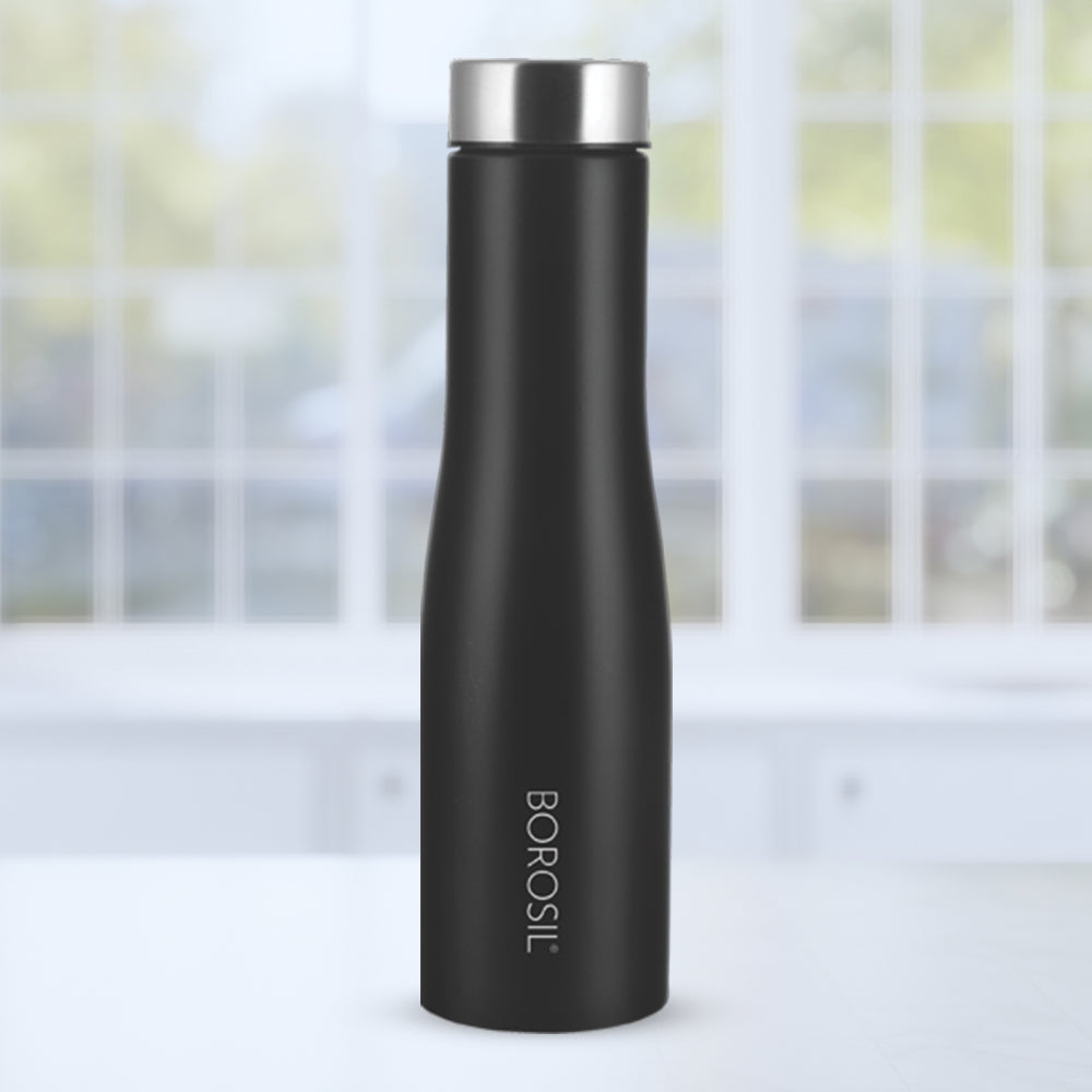 Borosil Swan Stainless Steel Single Wall Bottle, Black, 1L