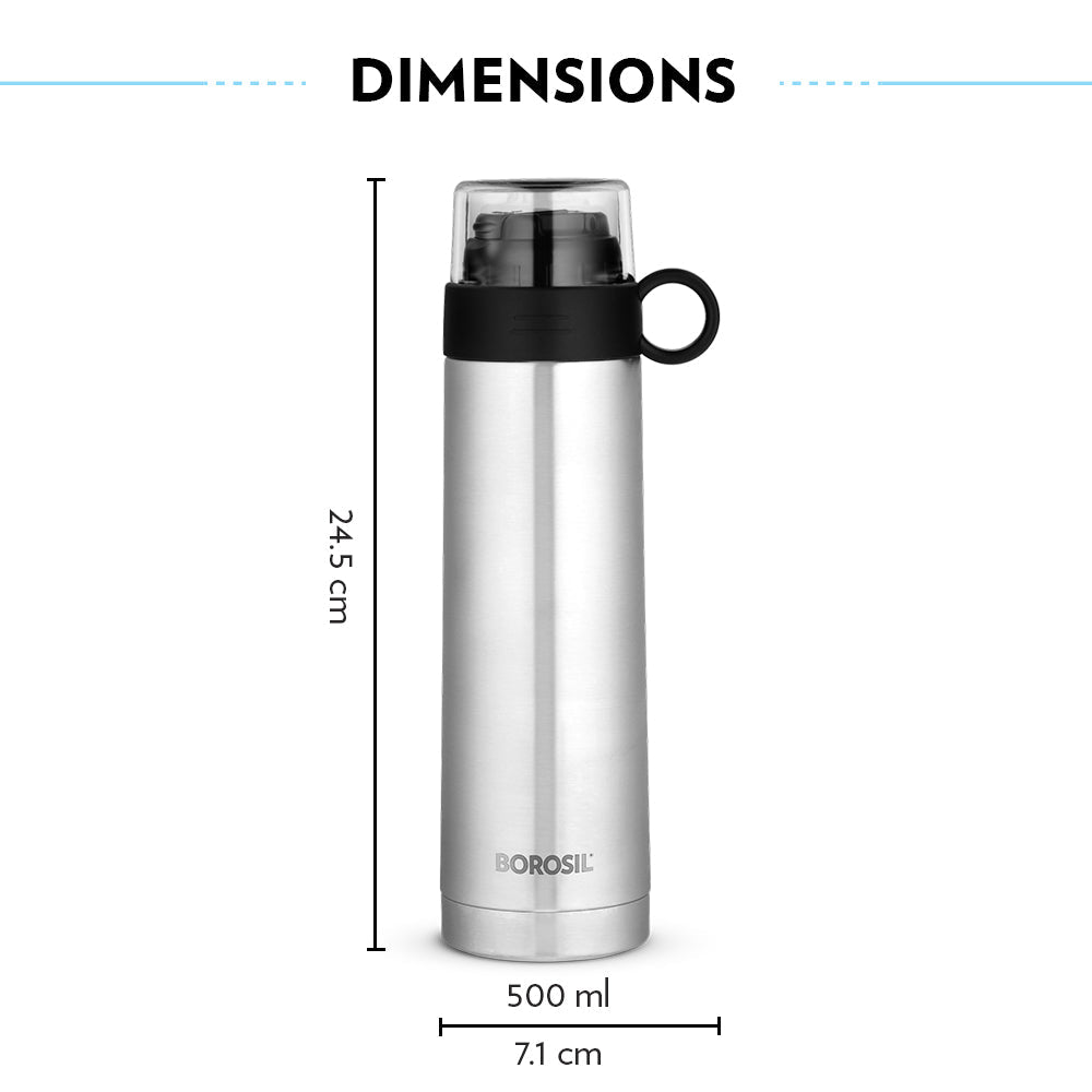 My Borosil Stainless Steel Bottles 500 ml Thermo w Cup Handle, 500 ml