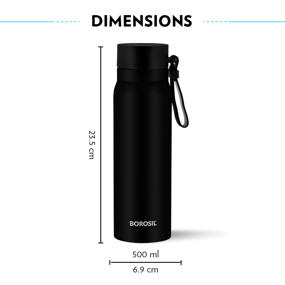 My Borosil Stainless Steel Bottles 500ml Bliss Bottle, Black, 500 ml