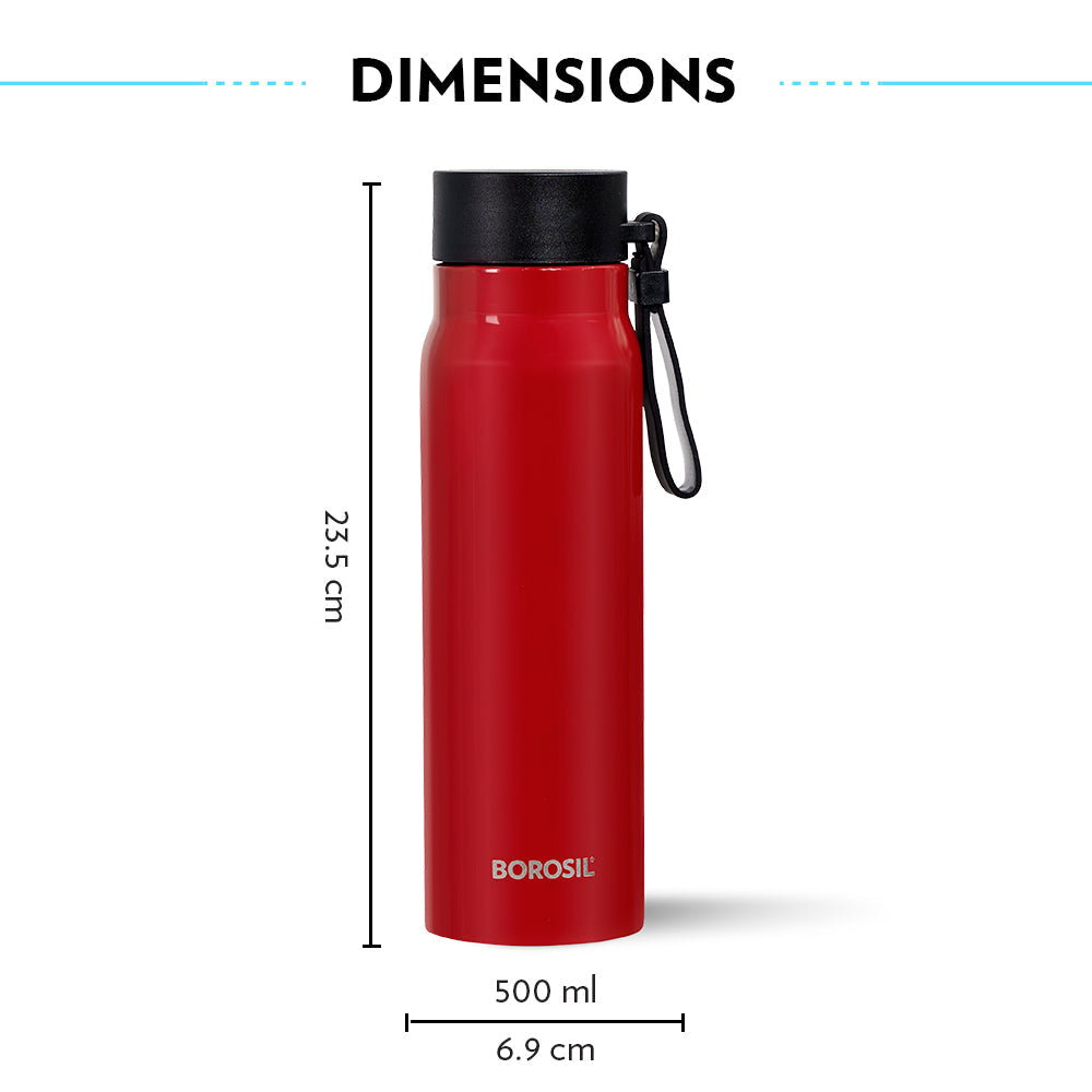 My Borosil Stainless Steel Bottles 500ml Bliss Bottle, Red, 500 ml