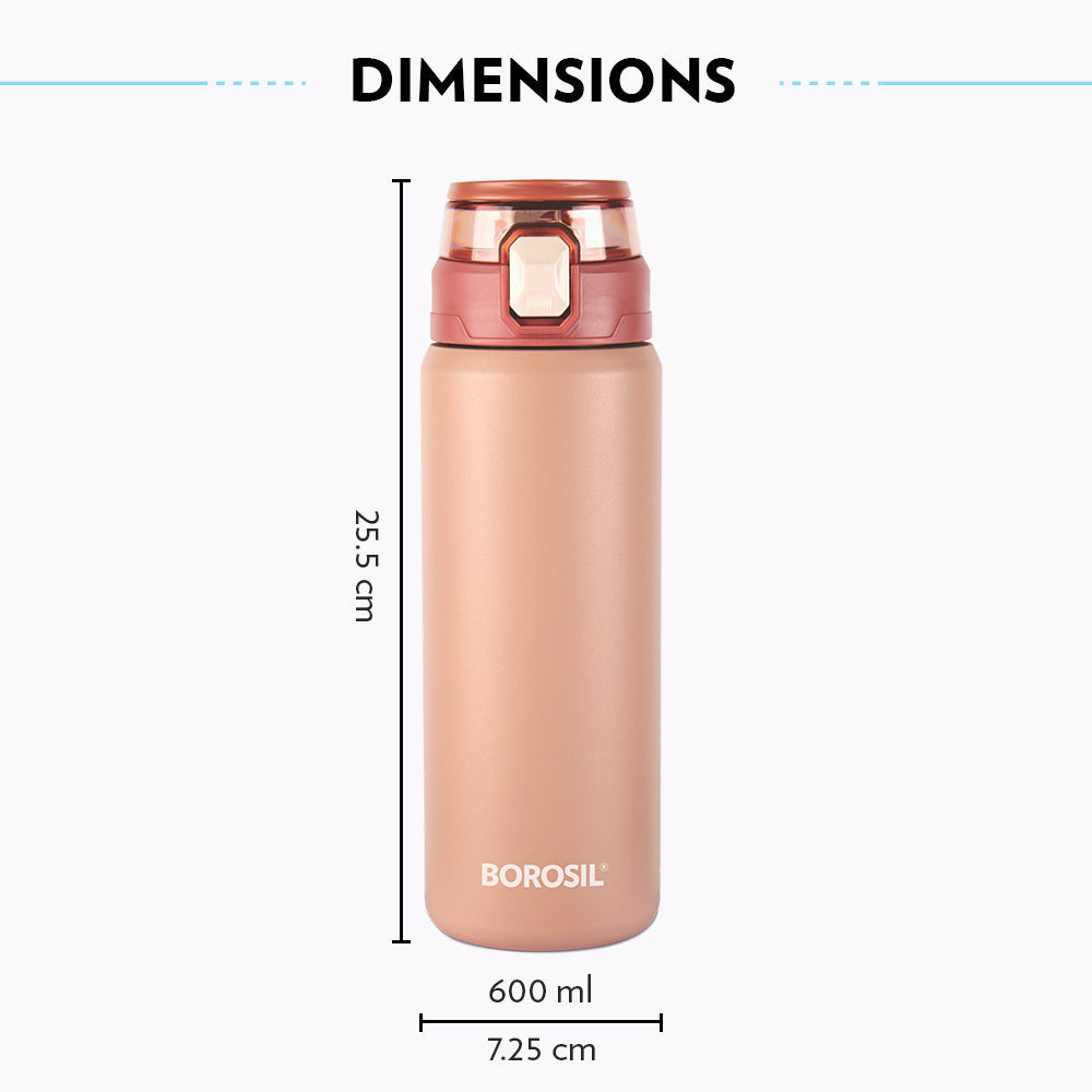 My Borosil Stainless Steel Bottles 600 ml Aquasport Insulated Bottle, 600 ml, Peach