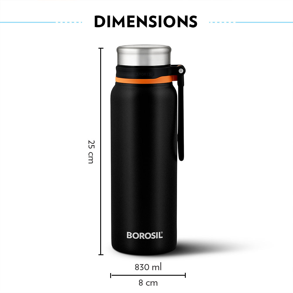 My Borosil Stainless Steel Bottles 830 ml Aquafit Bottle, Black, 830 ml