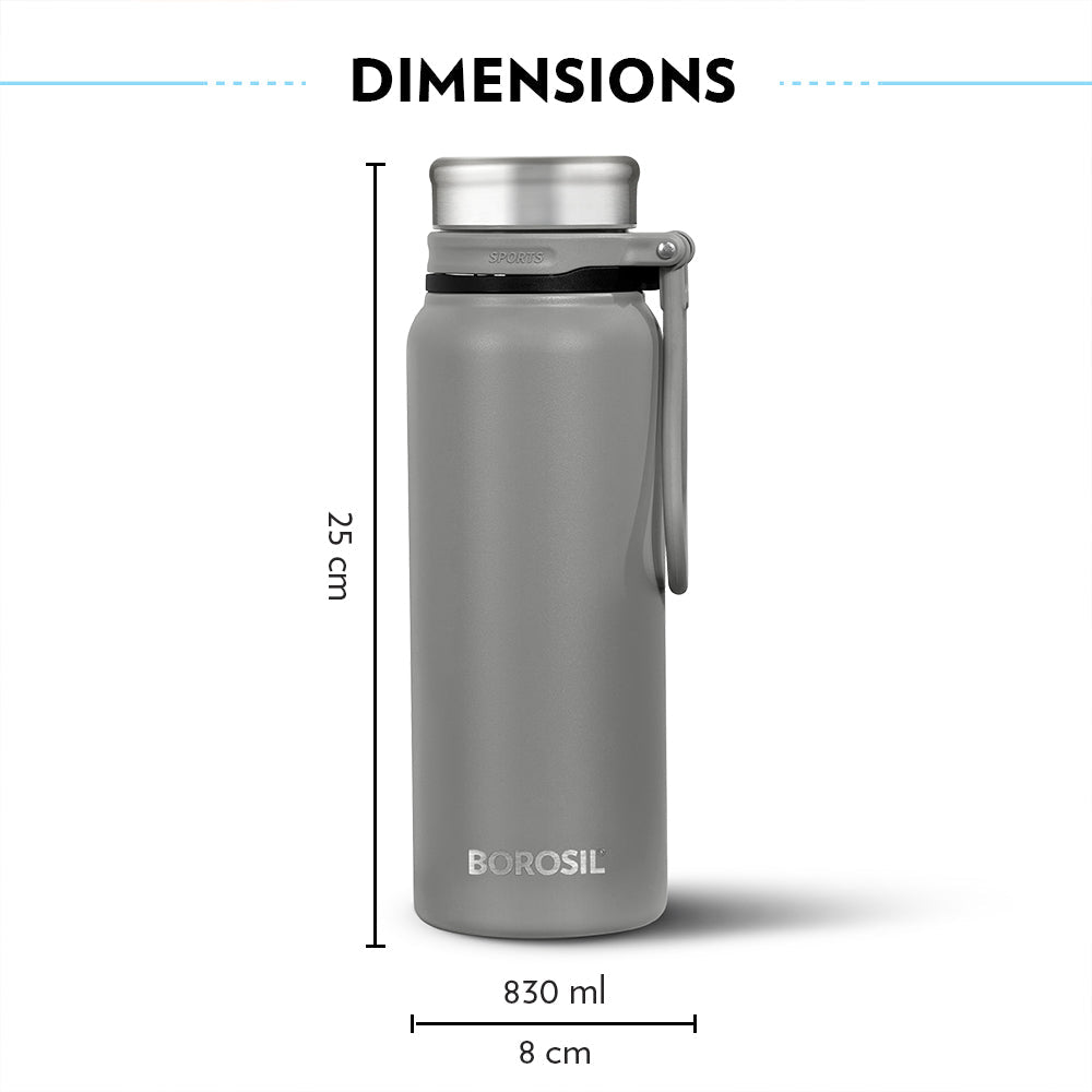 My Borosil Stainless Steel Bottles 830 ml Aquafit Bottle, Grey, 830 ml