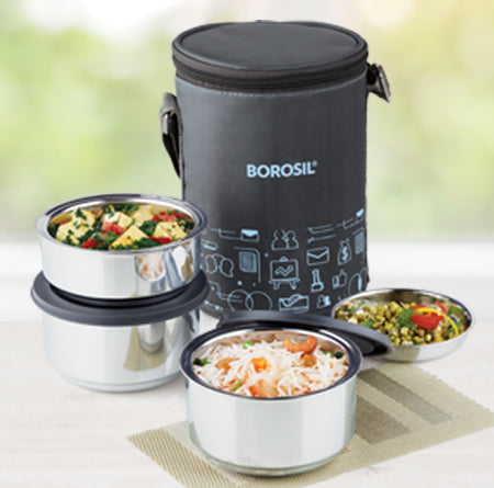 My Borosil Stainless Steel Lunchboxes (280 ml x 2) + 180 ml Borosil Carryfresh Lunchbox, Set of 3