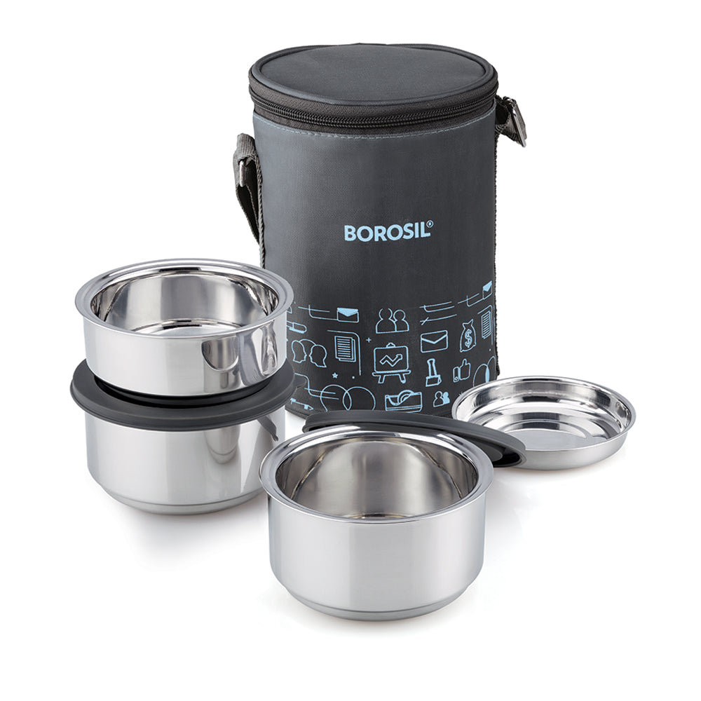 My Borosil Stainless Steel Lunchboxes (280 ml x 2) + 180 ml Borosil Carryfresh Lunchbox, Set of 3