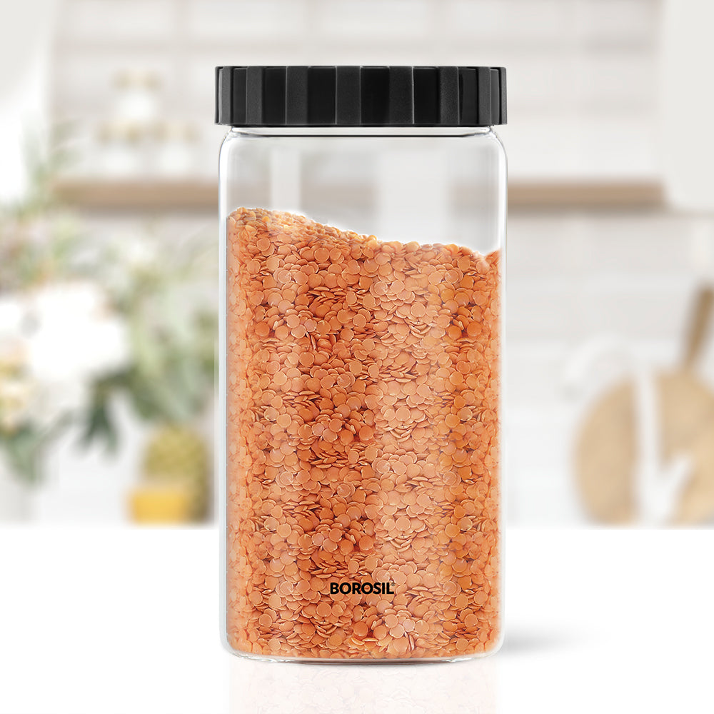 Borosil Endura Airtight Glass Jar, Black Lid, 1.2L