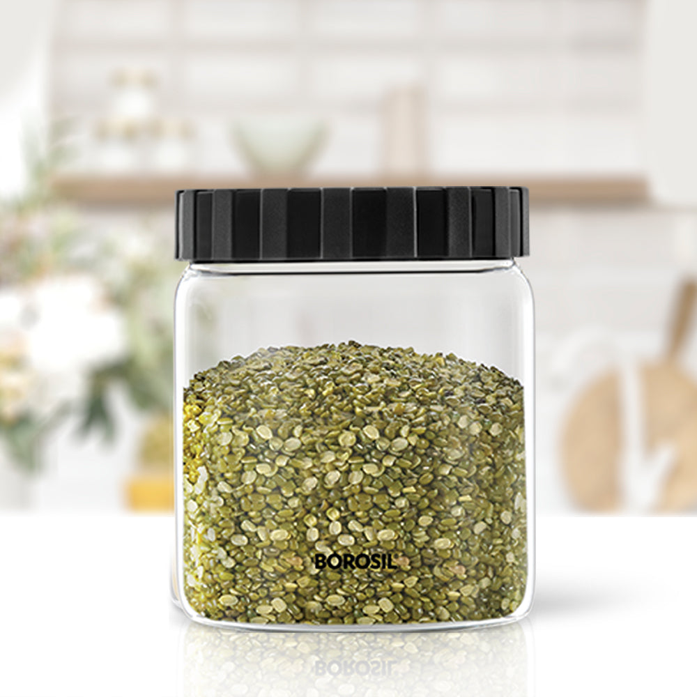 Borosil Endura Airtight Glass Jar, Black Lid, 600ml