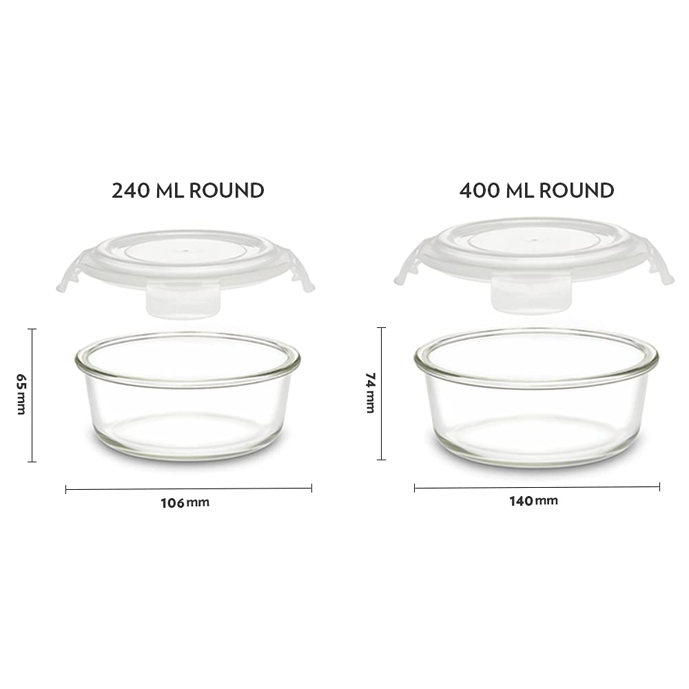 My Borosil Storage Containers 240 ml + 400 ml Klip n Store Round Set of 2 Glass Containers