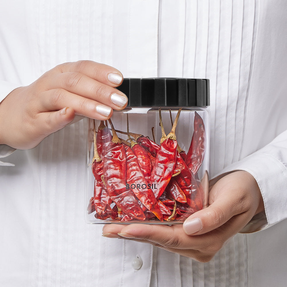 Borosil Endura Airtight Glass Jar, Black Lid-Personalise