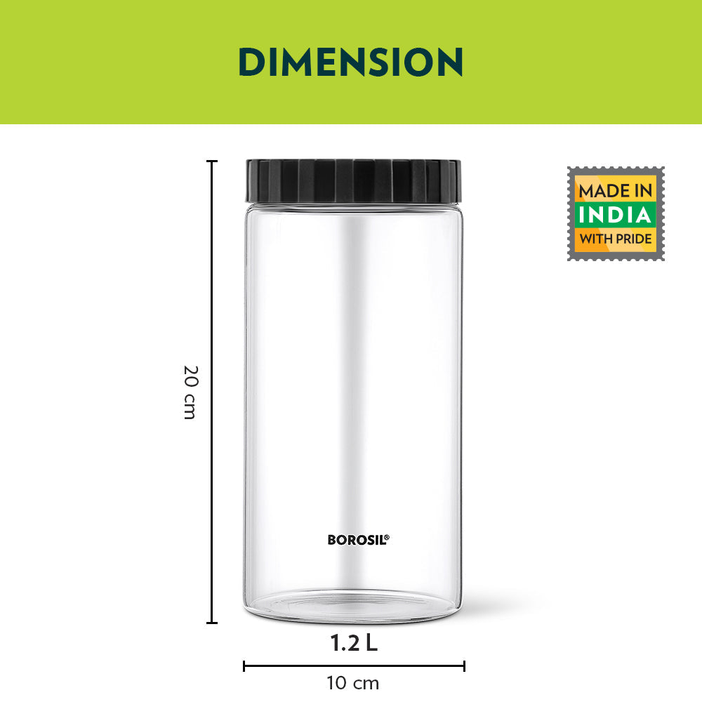 Borosil Endura Airtight Glass Jar, Black Lid, 1.2L