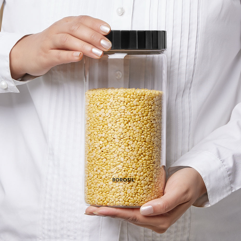 Borosil Endura Airtight Glass Jar, Black Lid, 1.2L