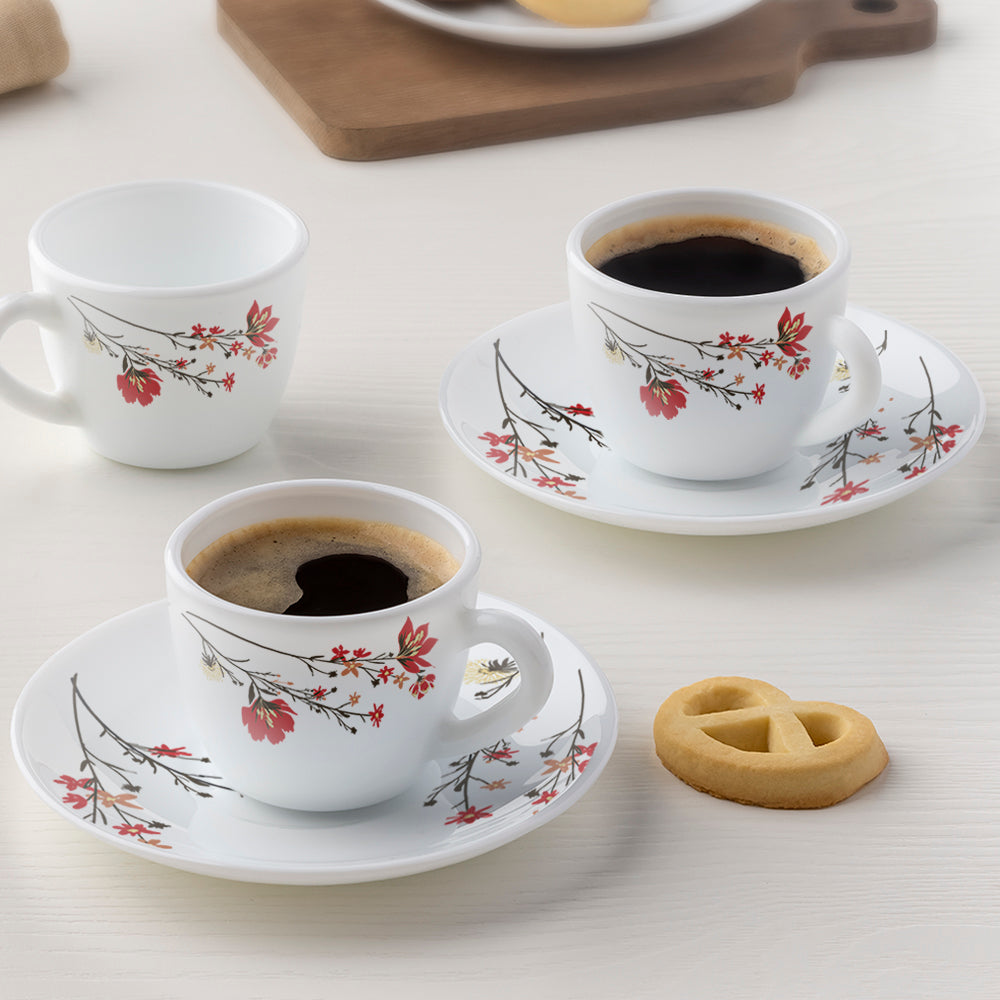 Larah by Borosil Chrys Red Cup n Saucer Set, 140ml x 8
