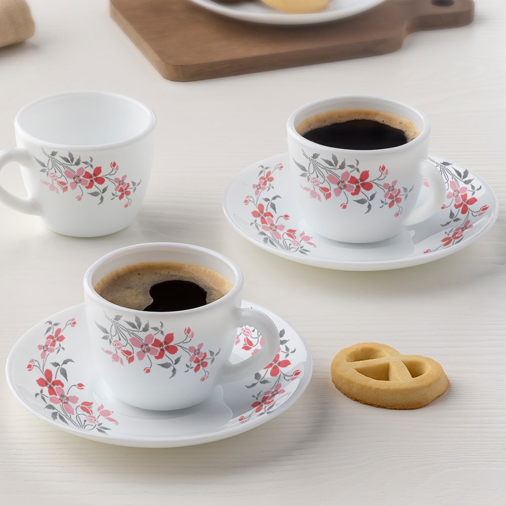Larah by Borosil Fiore Cup n Saucer Set, 140ml x 8