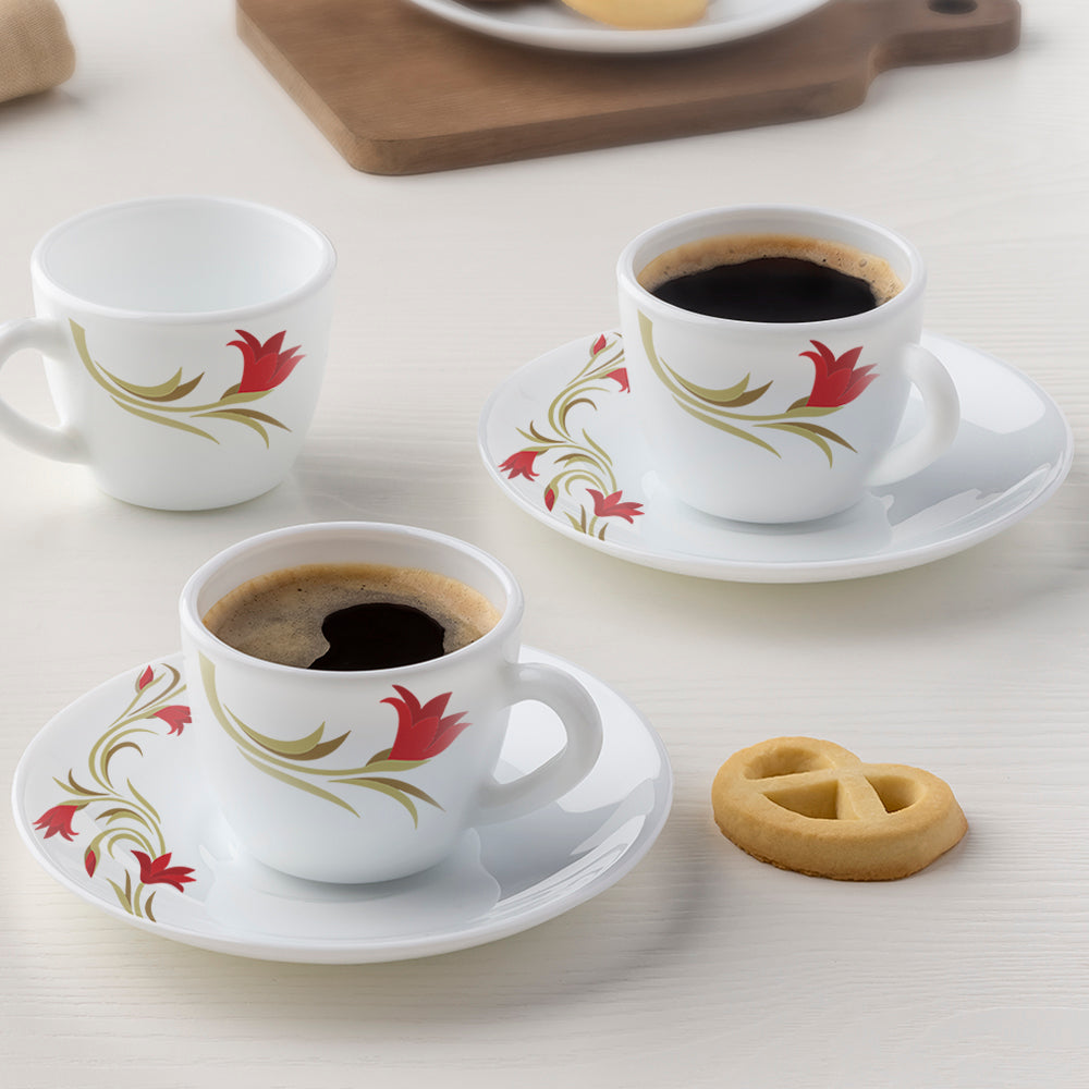 Larah by Borosil Red Lily Cup n Saucer Set, 140ml x 8