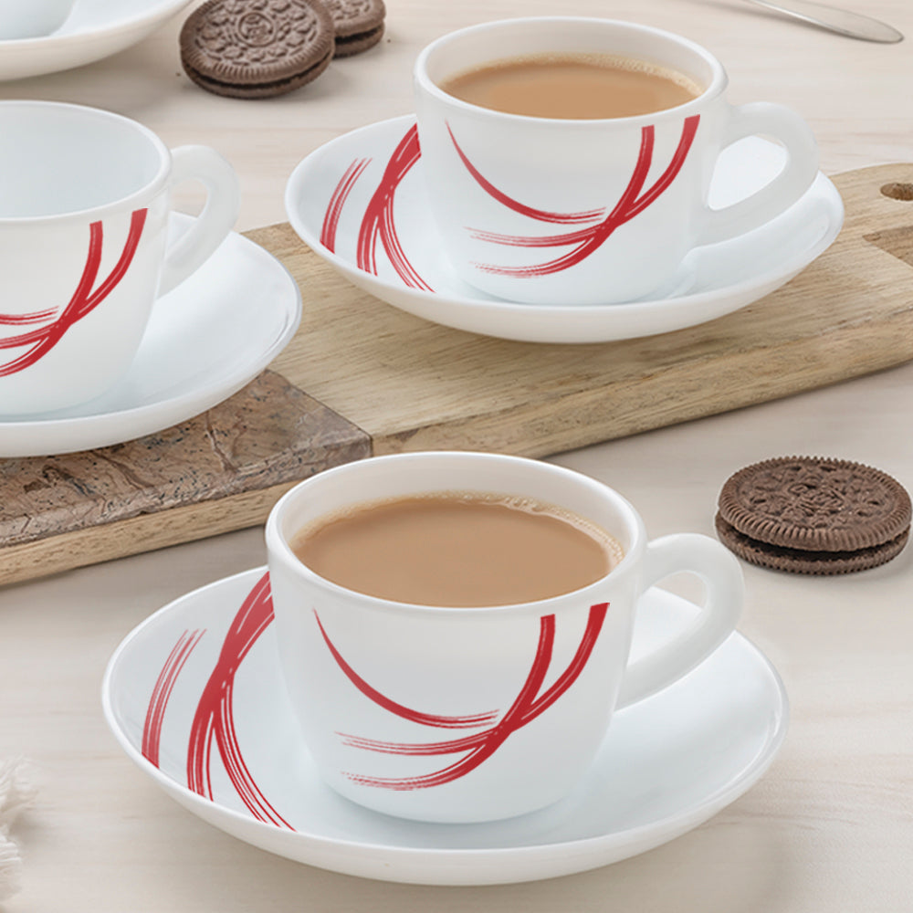 Larah by Borosil Red Stella Cup n Saucer Set, 140ml x 12