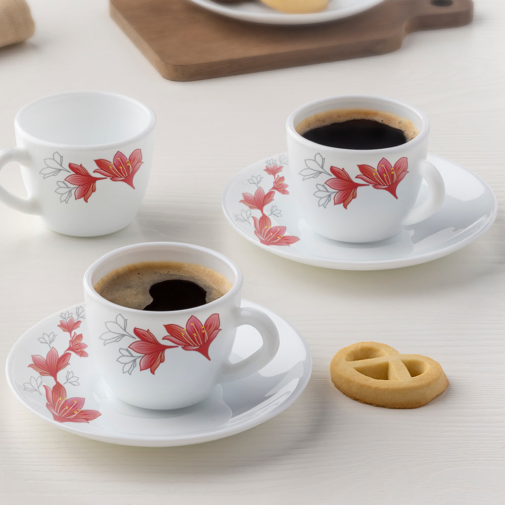 Larah by Borosil Ruby Cup n Saucer Set, 140ml x 8