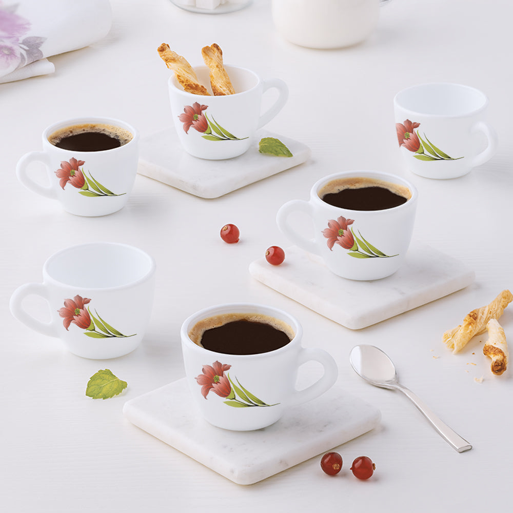 Larah by Borosil, Opalware, Micriwave Safe, Red Iris Cup Set of 6, 90ml