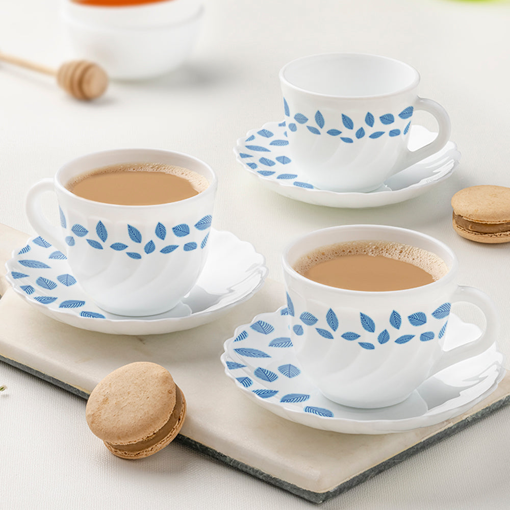 Larah by Borosil Blue Leaves Cup n Saucer Set, 220ml x 12