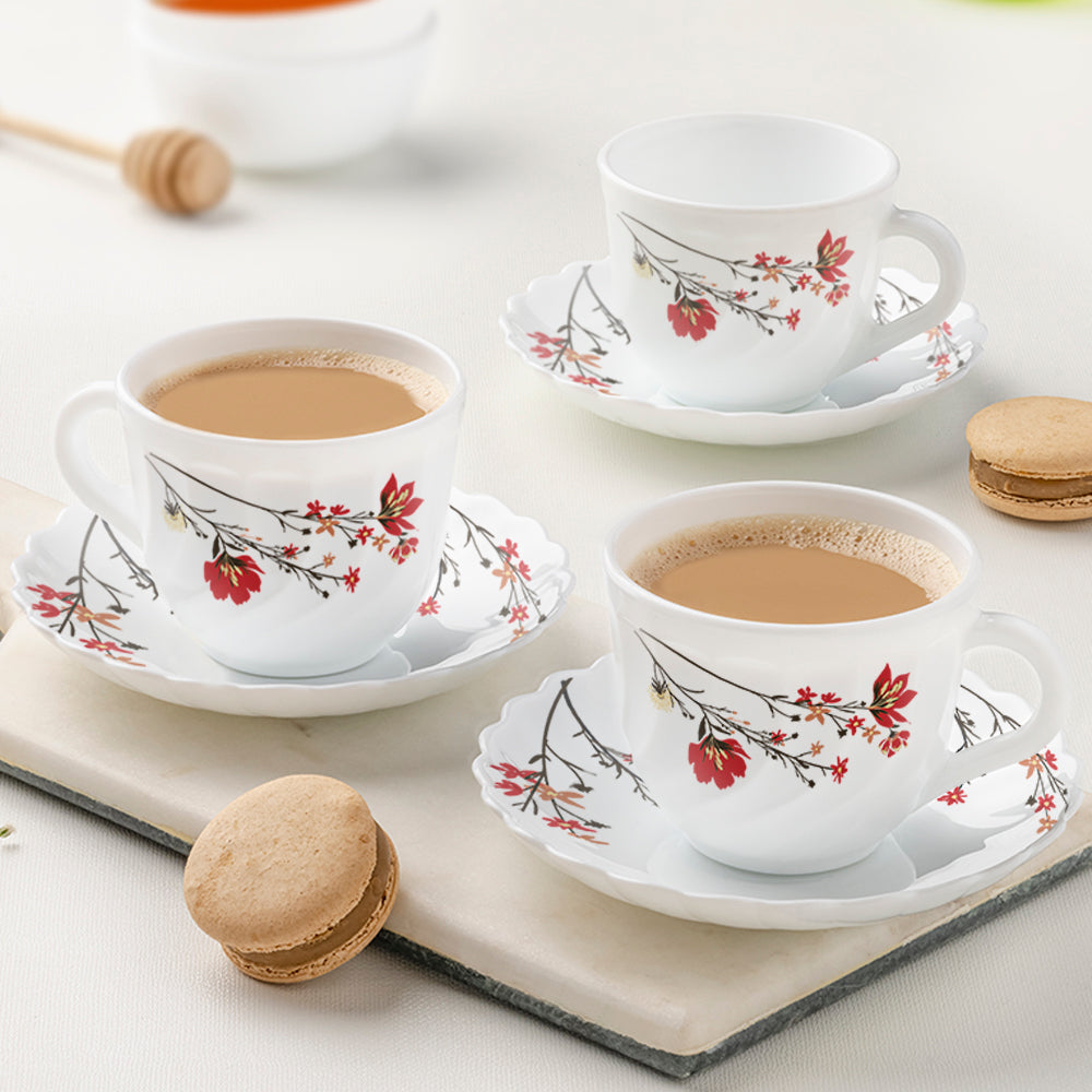 Larah by Borosil Chrys Red Cup n Saucer Set, 220ml x 12