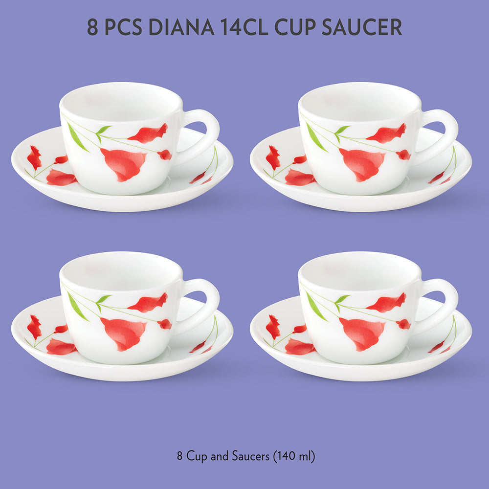 Larah by Borosil Diana Cup n Saucer Set, 140ml x 8