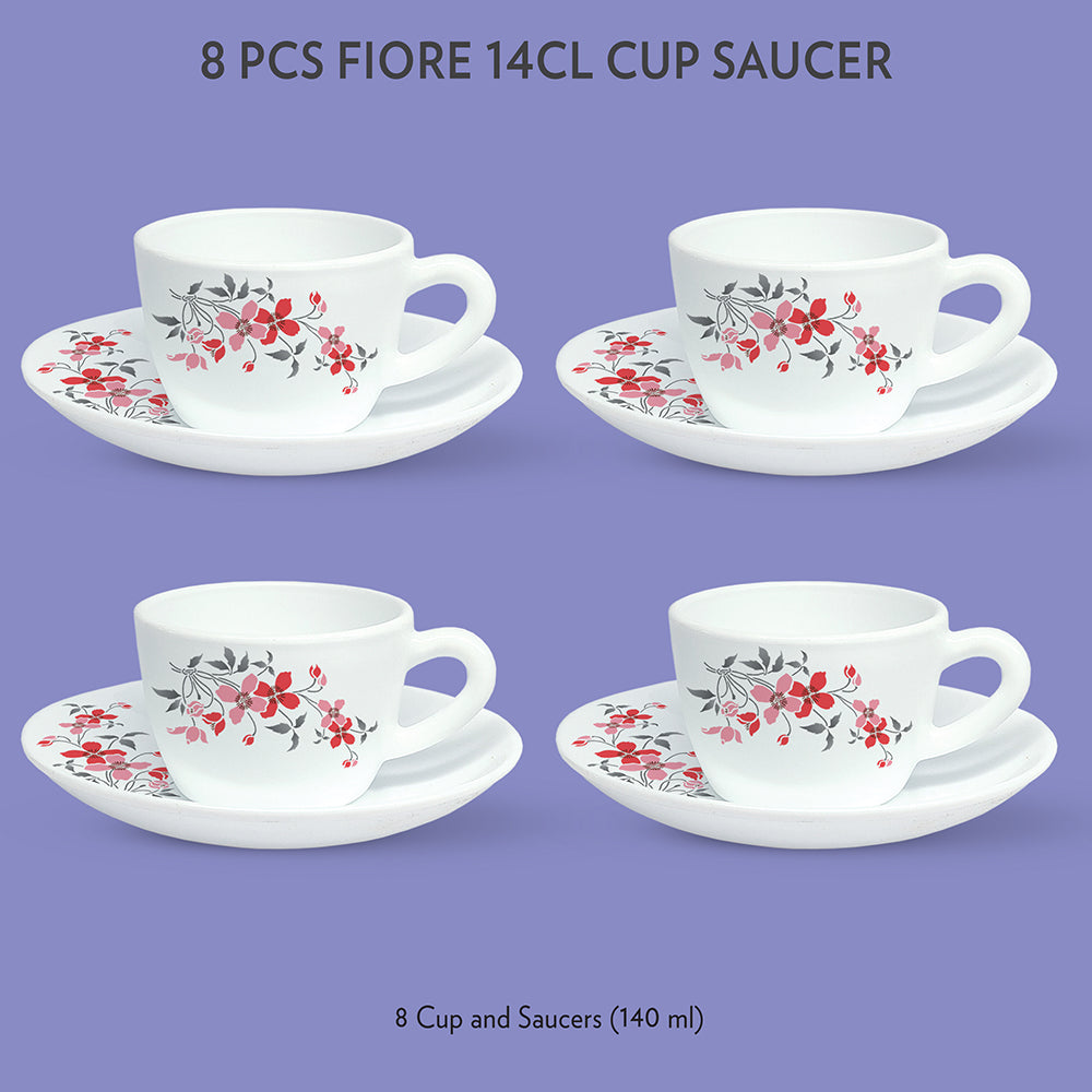 Larah by Borosil Fiore Cup n Saucer Set, 140ml x 8