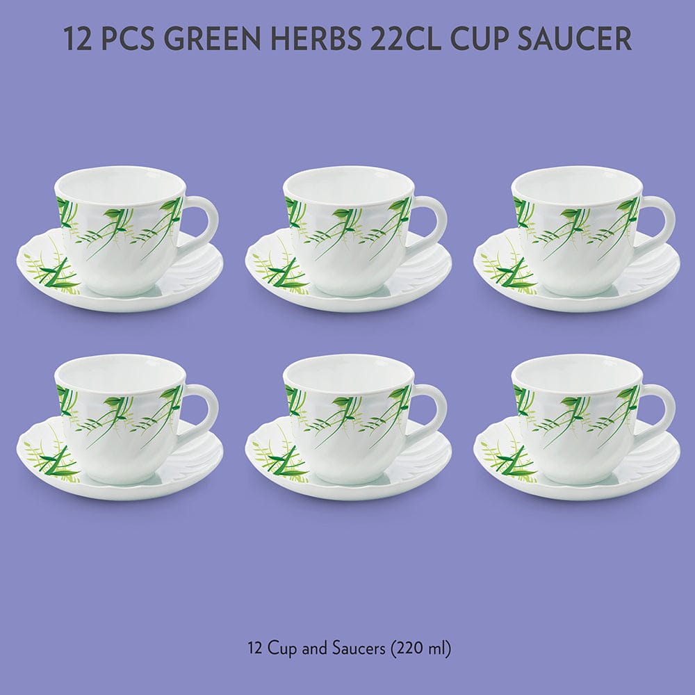 Larah by Borosil Green Herbs Cup n Saucer Set, 220ml x 12