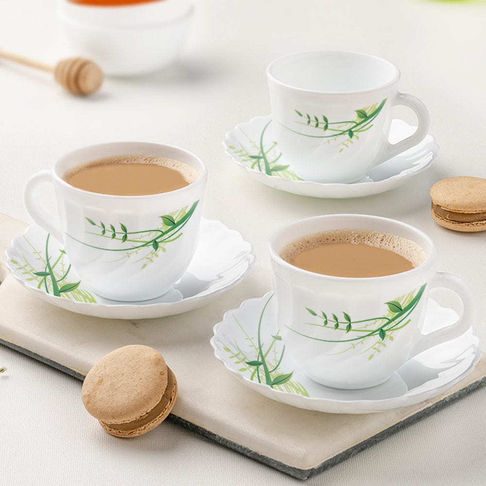 Larah by Borosil Green Herbs Cup n Saucer Set, 220ml x 12