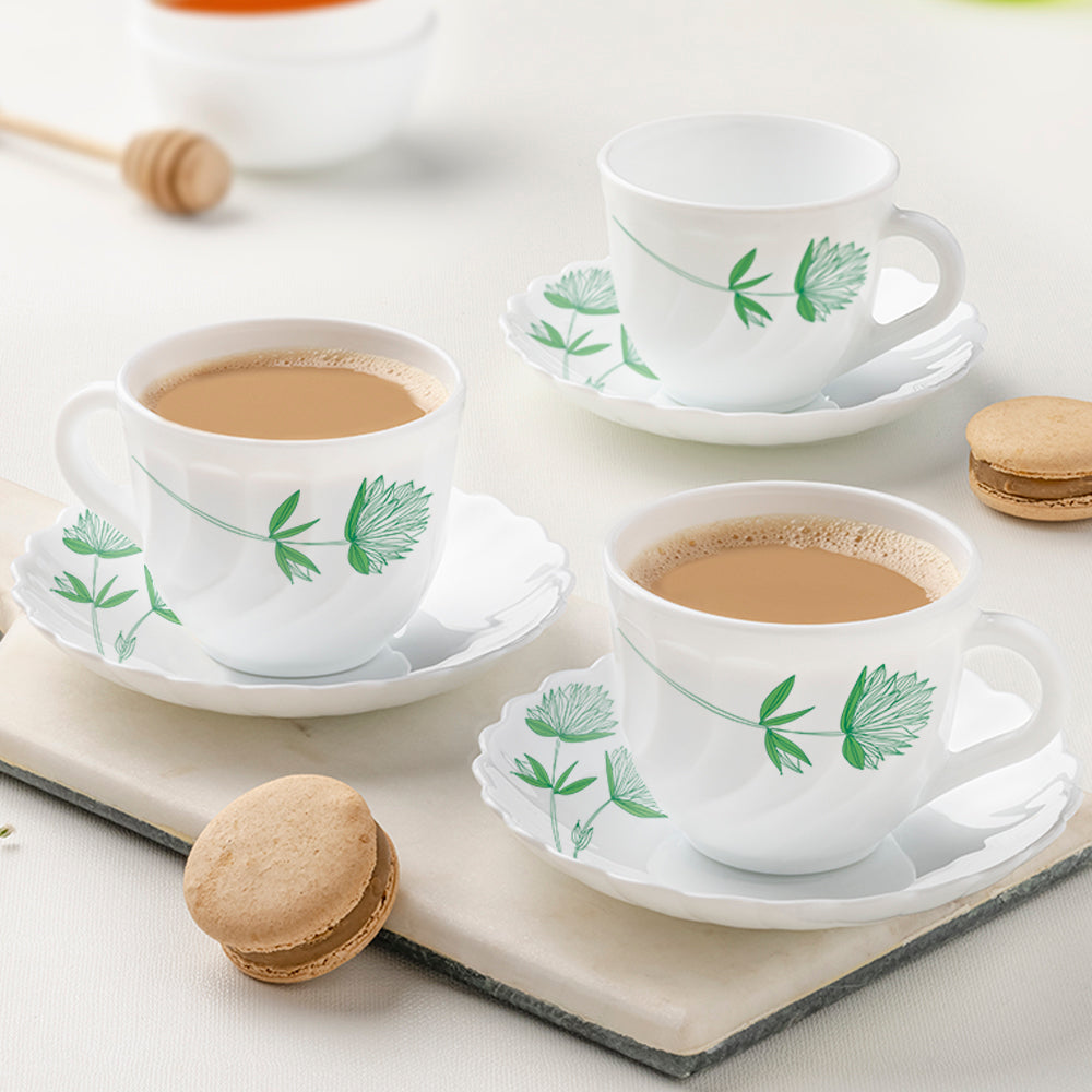 Larah by Borosil Green Lily Cup n Saucer Set, 90ml x 12