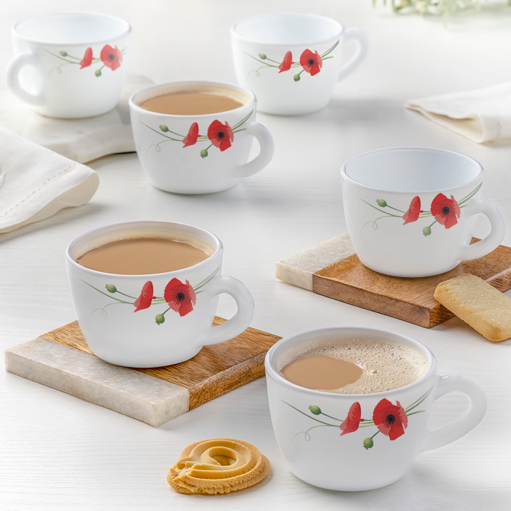 Larah by Borosil Red Carnation Cup Set, 90ml x 6
