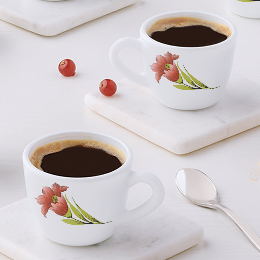 Larah by Borosil, Opalware, Micriwave Safe, Red Iris Cup Set of 6, 90ml