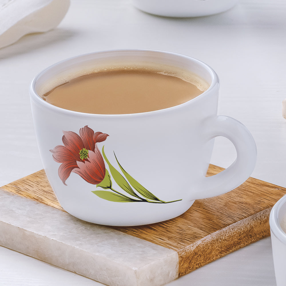 Larah by Borosil, Opalware, Micriwave Safe, Red Iris Cup Set of 6, 140ml