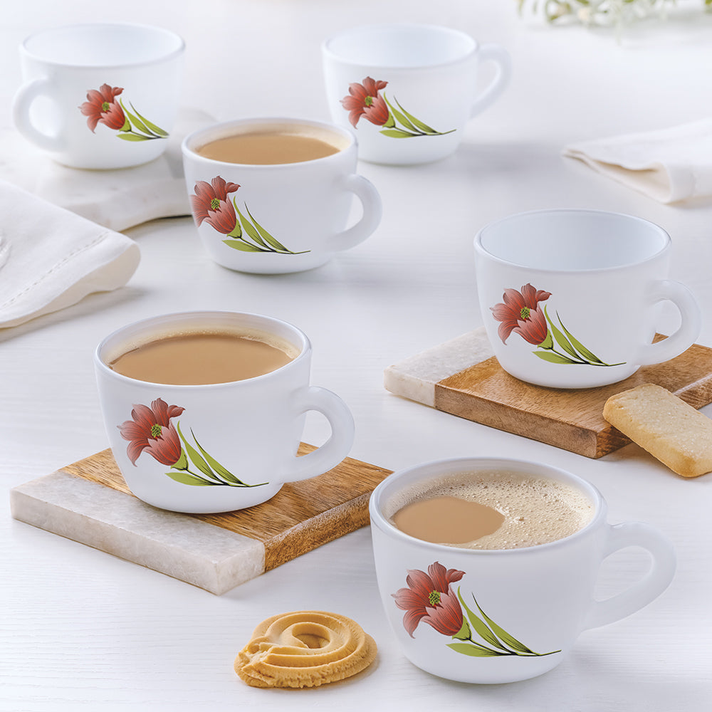 Larah by Borosil, Opalware, Micriwave Safe, Red Iris Cup Set of 6, 140ml