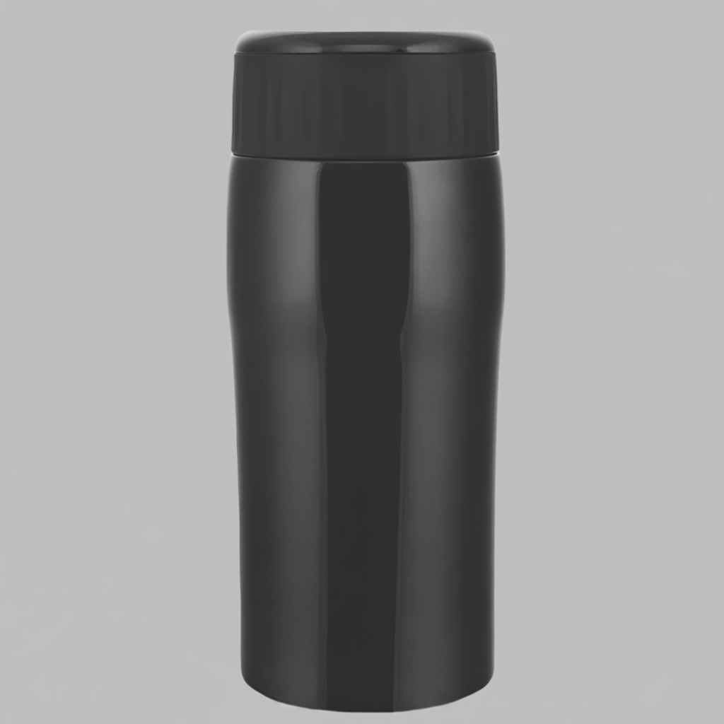 Black Borosil thermos bottle on a white background