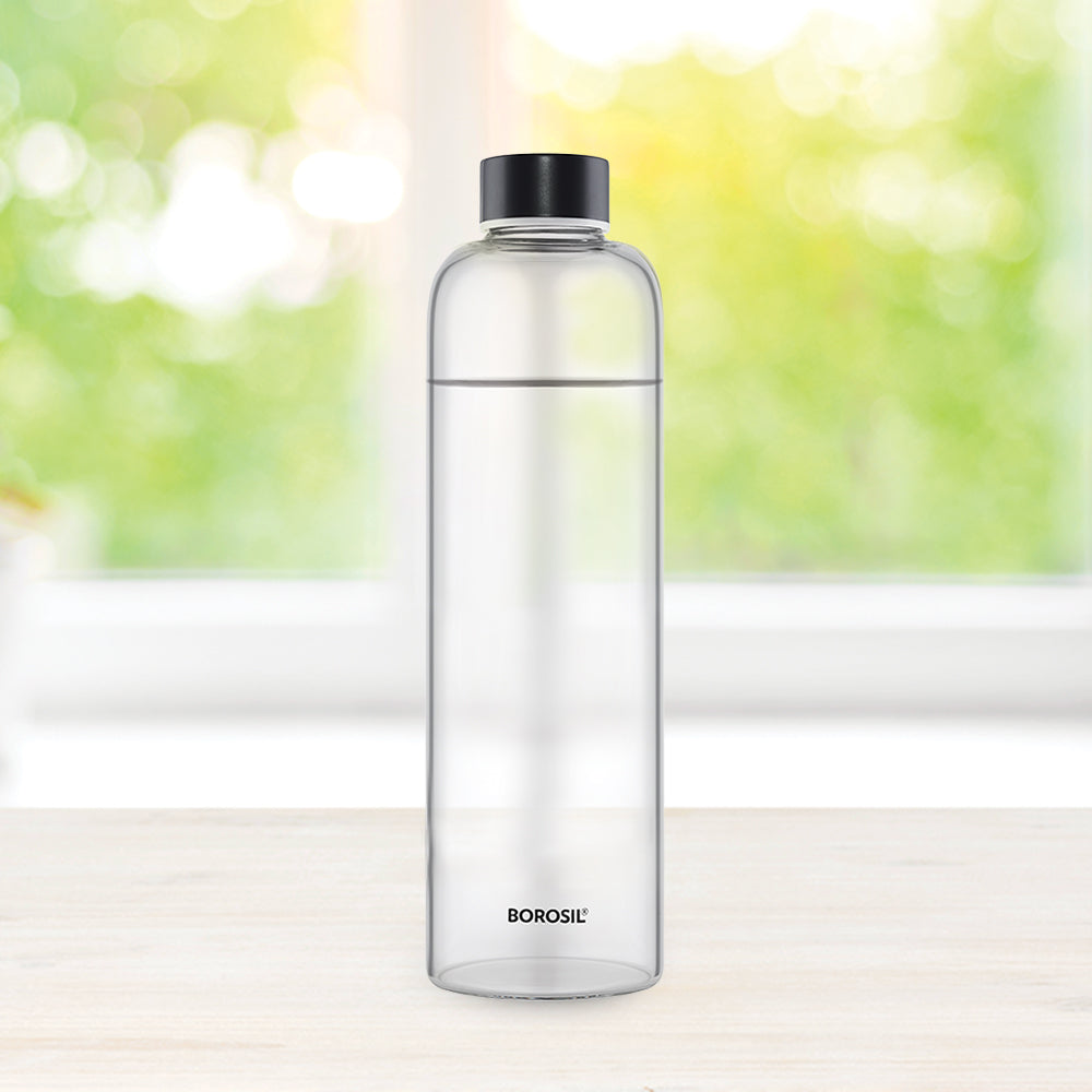 My Borosil Borosilicate Glass Bottles 1 L Crysto Glass Bottle - Black Lid