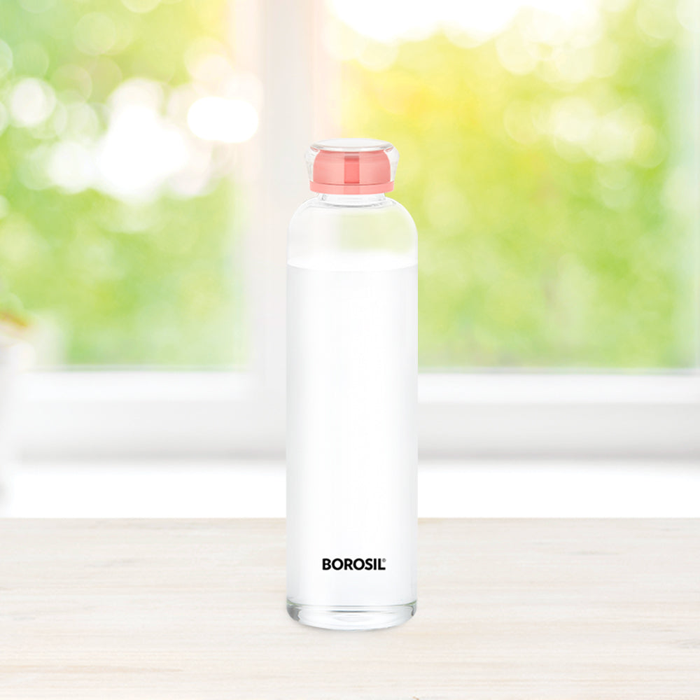 My Borosil Borosilicate Glass Bottles 550 ml Crysto Slim Glass Bottle - Pink Lid