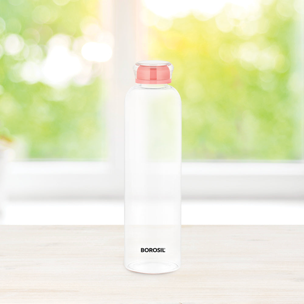 My Borosil Borosilicate Glass Bottles 550 ml Crysto Slim Glass Bottle - Pink Lid