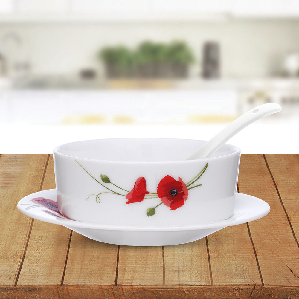 Larah by Borosil Red Carnation Soup Bowl w Saucer Set