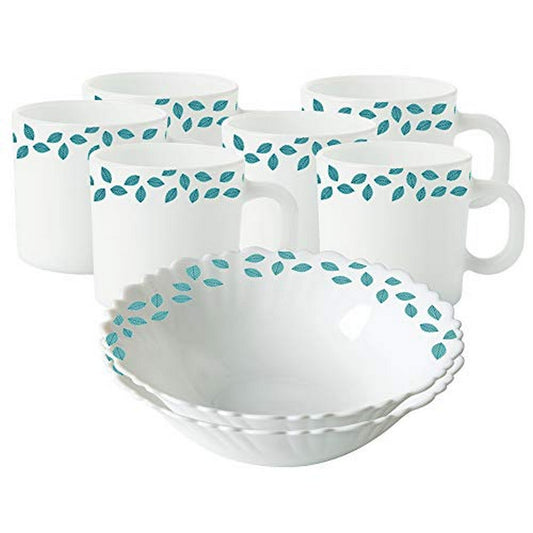 My Borosil Breakfast & Snack Sets 8 pc Set Blue Leaves Snack Set w Mugs