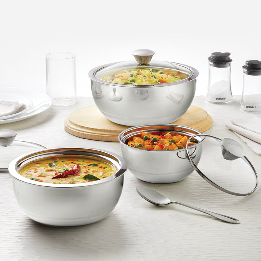 My Borosil Steel Casseroles 500 ml + 900 ml + 1.5 L Servefresh Curry Server Set of 3