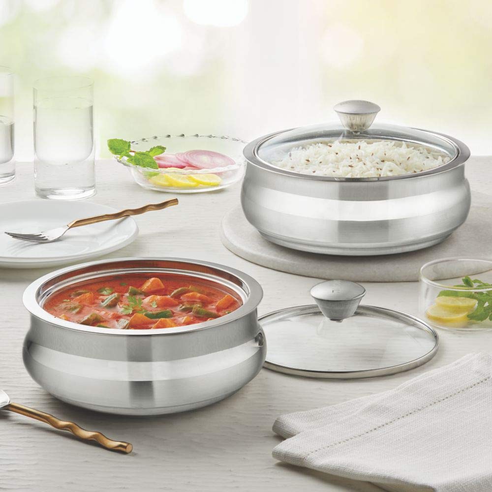 My Borosil Steel Casseroles 800 ml + 1.2 L Servefresh Handi Server Set of 2