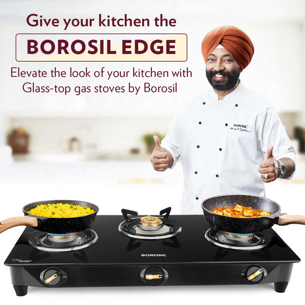 My Borosil Cooktop 3 burners (2 large & 1 small) Flare Glasstop Gas stove, 3 Burners