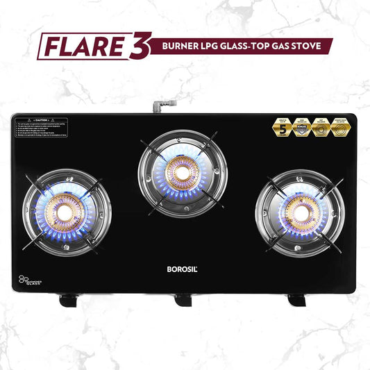My Borosil Cooktop 3 burners (2 large & 1 small) Flare Glasstop Gas stove, 3 Burners