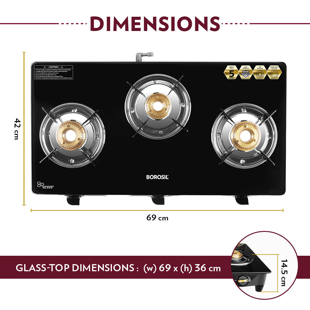 My Borosil Cooktop 3 burners (2 large & 1 small) Flare Glasstop Gas stove, 3 Burners