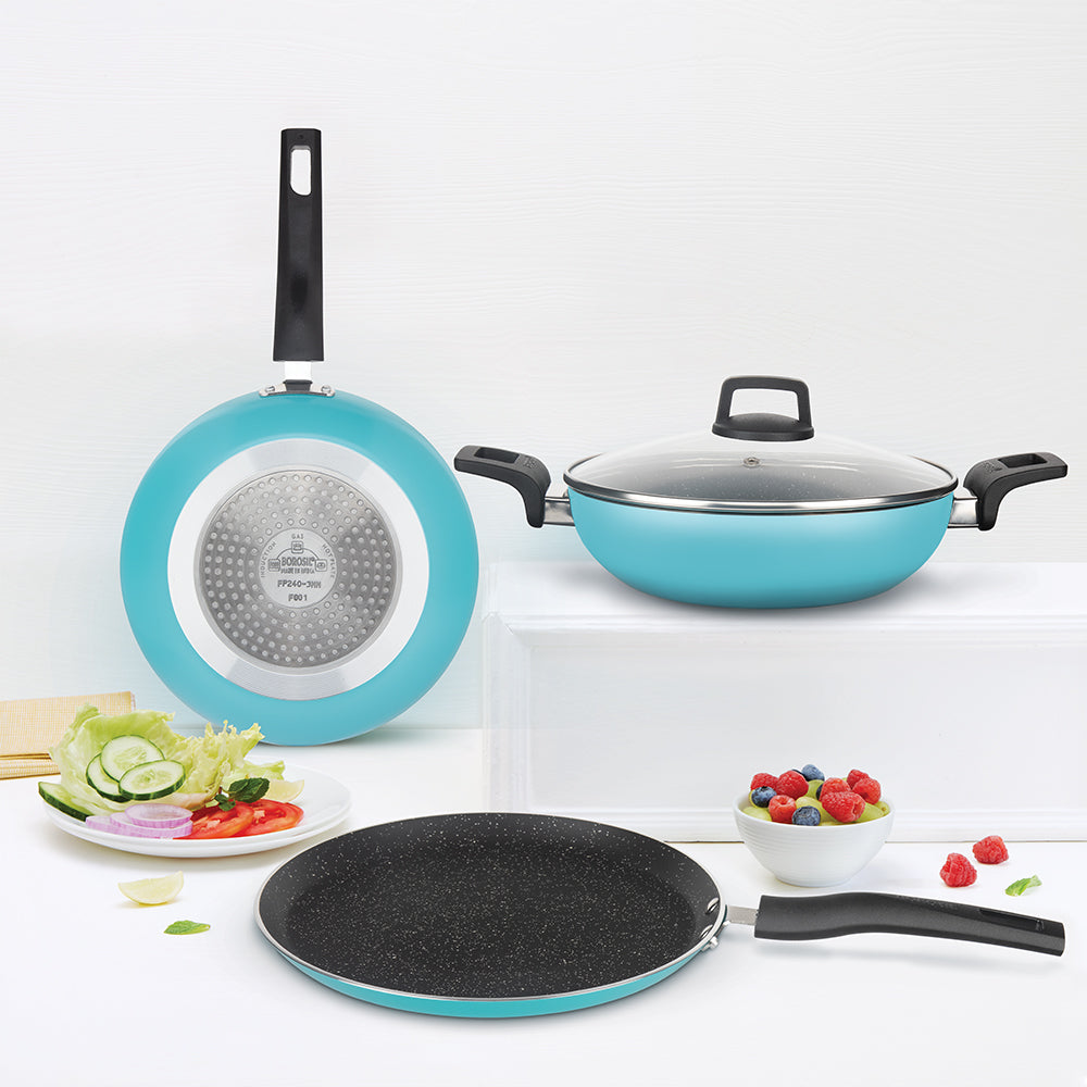 My Borosil Cookware Set 4 pc Set (Dosa Tawa + Deep Kadhai + Fry Pan + Glass Lid) Festive Glory Cookware Set, Blue