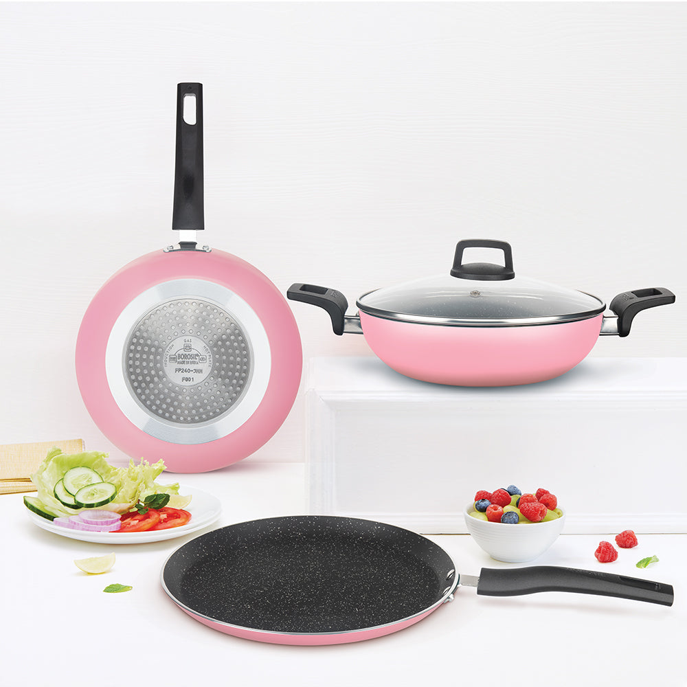 My Borosil Cookware Set 4 pc Set (Dosa Tawa + Deep Kadhai + Fry Pan + Glass Lid) Festive Glory Cookware Set, Pink