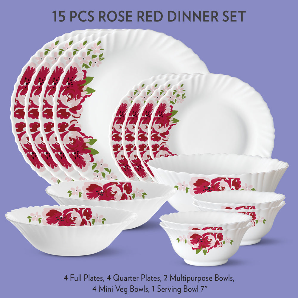 My Borosil Dinner Sets 15 pc Set: Serves 4 Rose Red Dinner Set