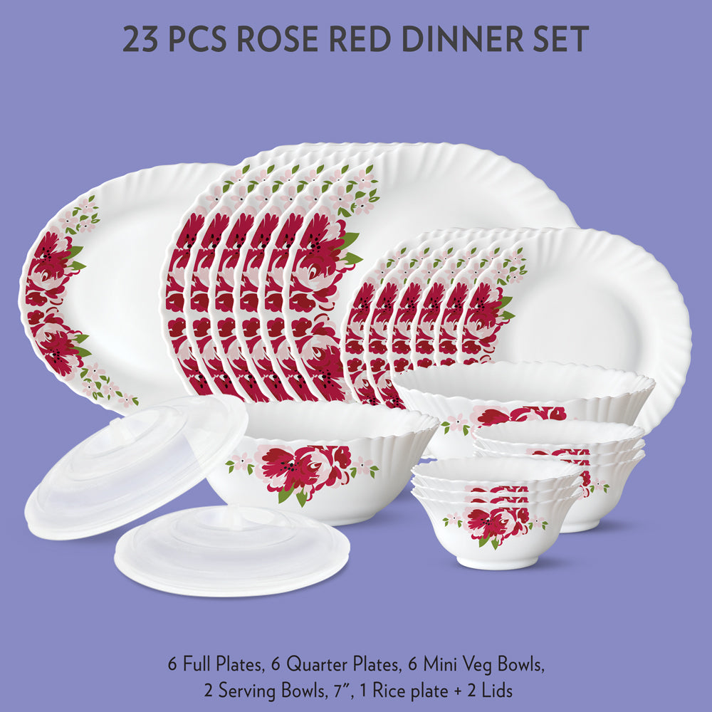 My Borosil Dinner Sets 23 pc Set: Serves 6 - Option-1 Rose Red Dinner Set