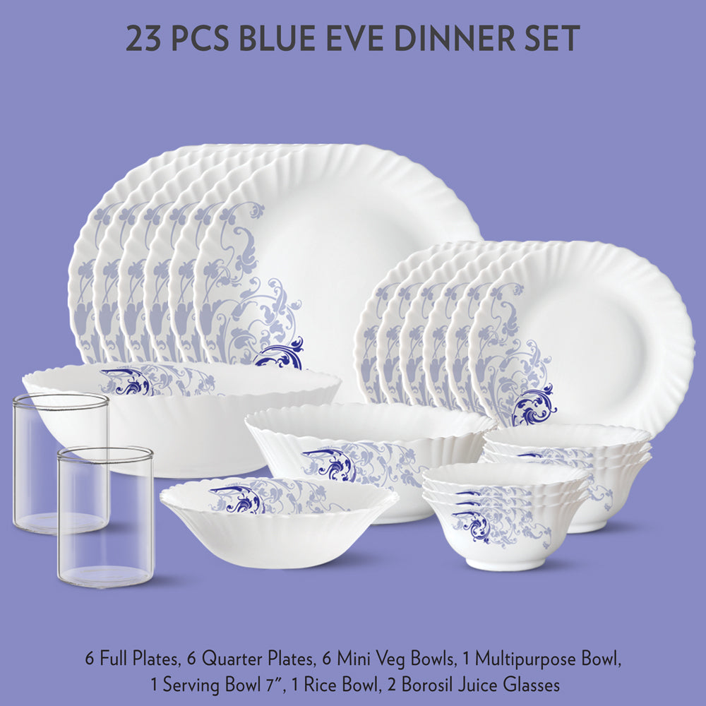 My Borosil Dinner Sets 23 pc Set: Serves 6 - Option-2 Blue Eve Dinner Set