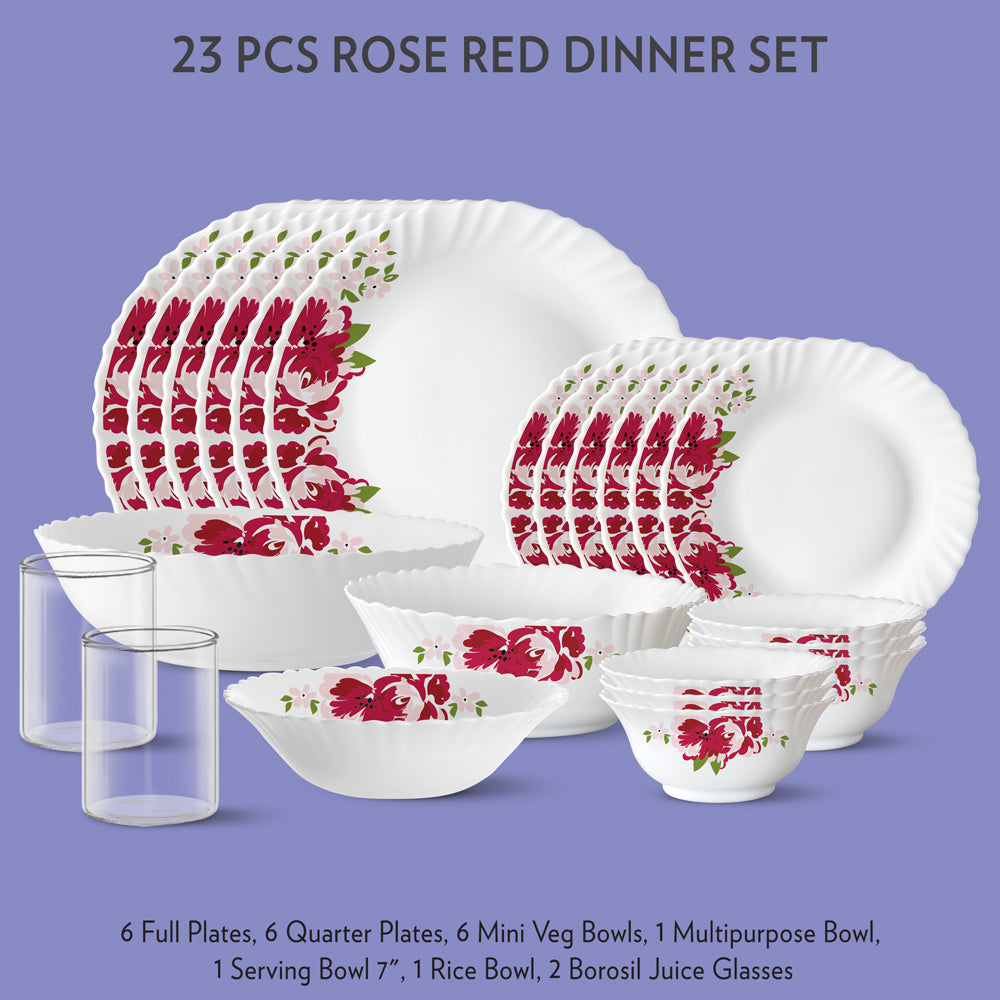 My Borosil Dinner Sets 23 pc Set: Serves 6 - Option-2 Rose Red Dinner Set