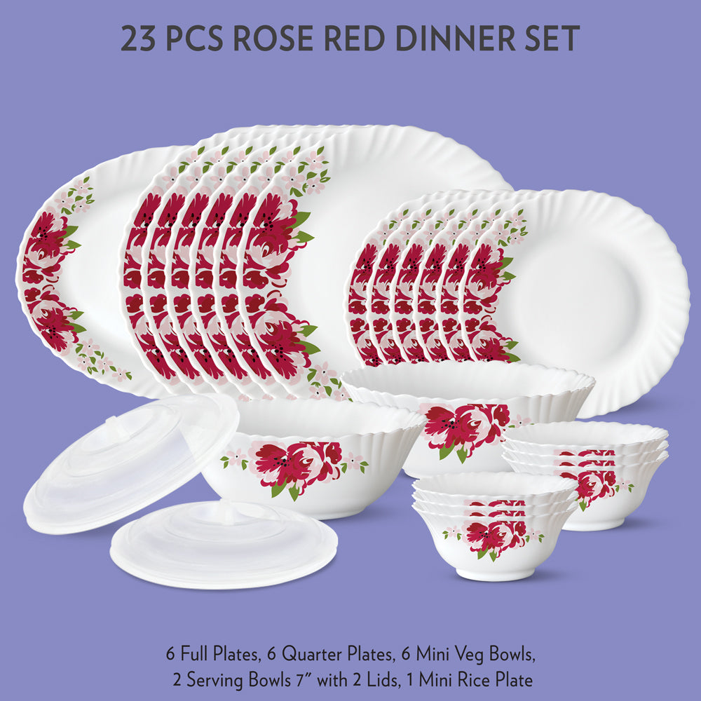 My Borosil Dinner Sets 23 pc Set: Serves 6 - Option-3 Rose Red Dinner Set